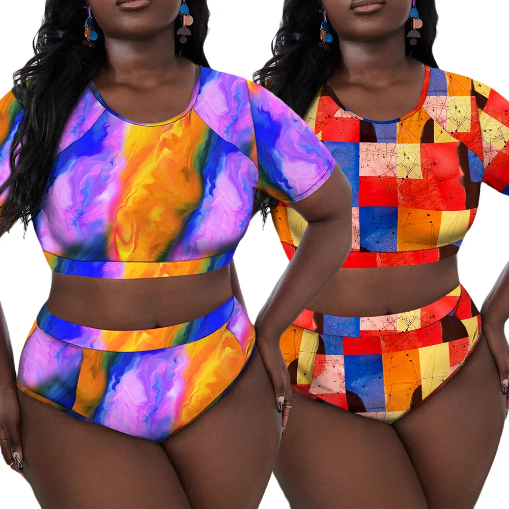 

African Style Women Large Size Swimwear Neon Rainbow Dyeing Print Plus XL-4XL High Waisted Bikini Female Big Beachwear Biquini
