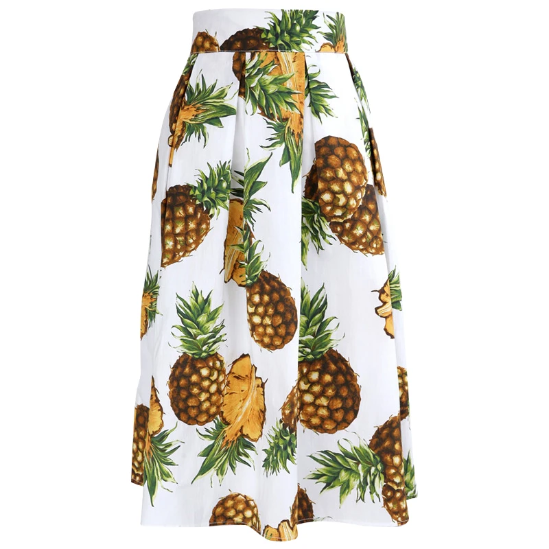

Customized Women's Pink Black White Navy Pineapple Printed Pleated Knee-Length Skirt Plus Size Skirts Saia Femininas