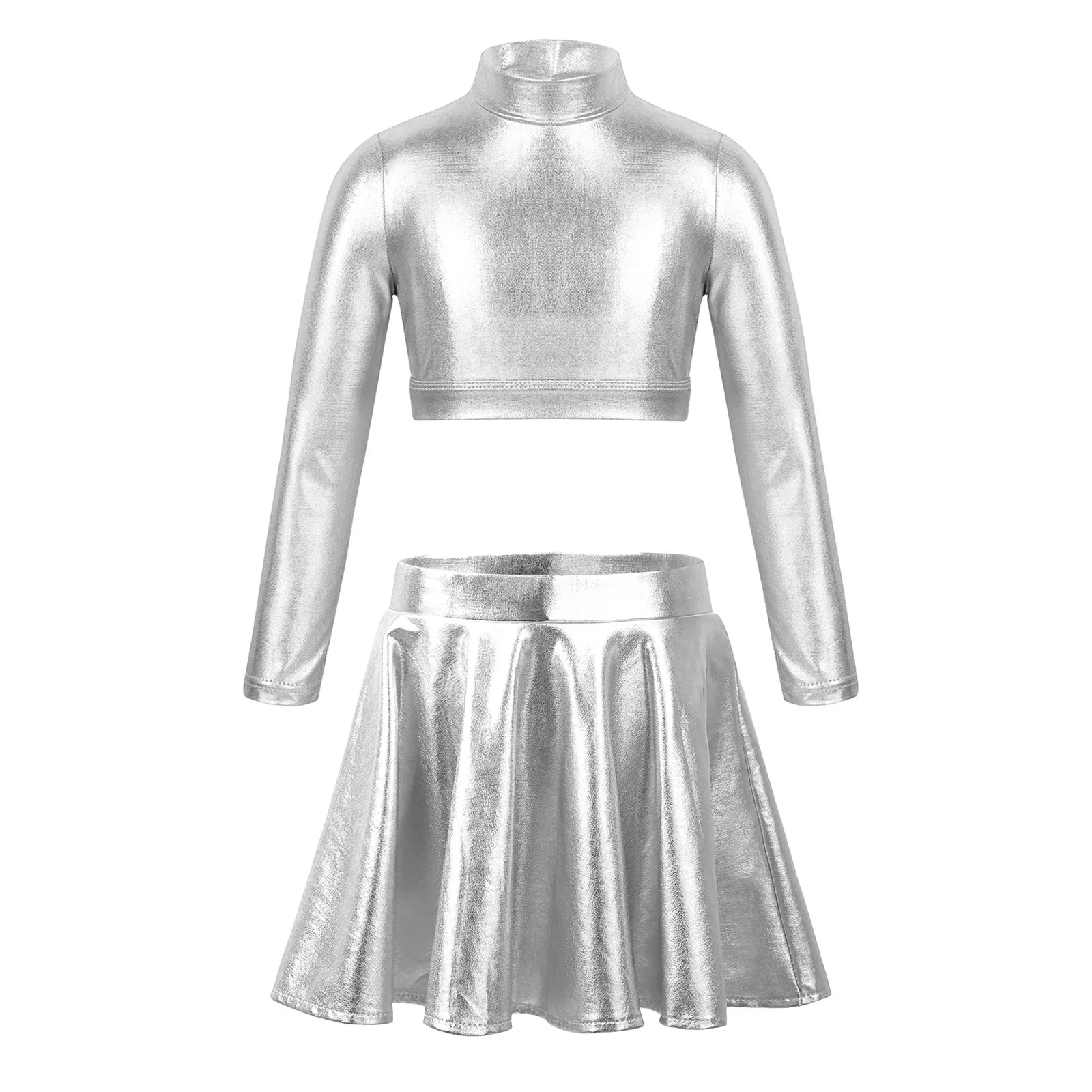 Kids Girls Ballet Dancewear Glossy Metallic Long Sleeves Dance Crop Top With Pleated Skirt Dance Sets Workout Gymnastics Outfits