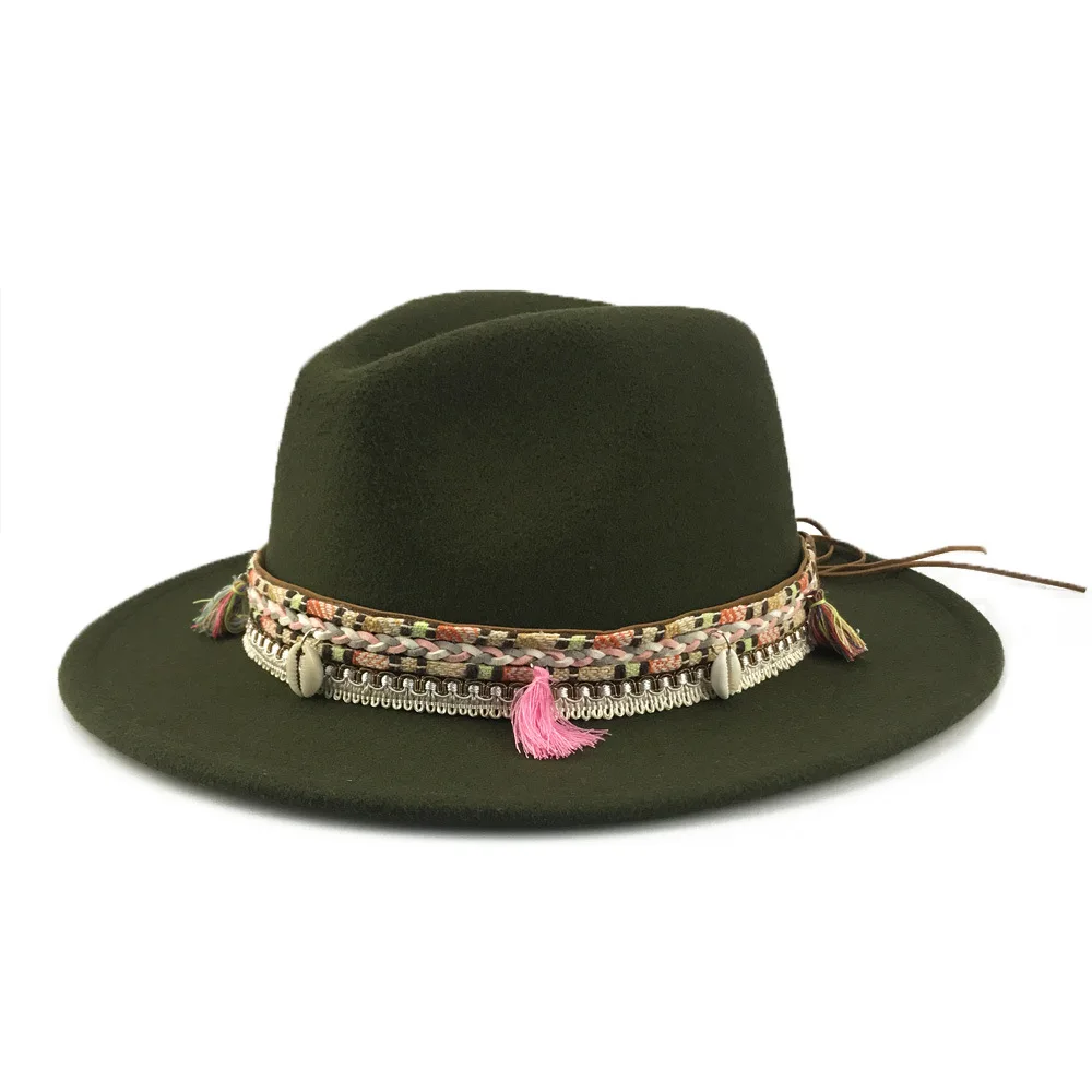 

2021 Men Women Retro Ethnic Tassel Felt Hat Panama British Autumn Winter Felt Hats Ladies Hat Elegant Fascinator Jazz Top Caps