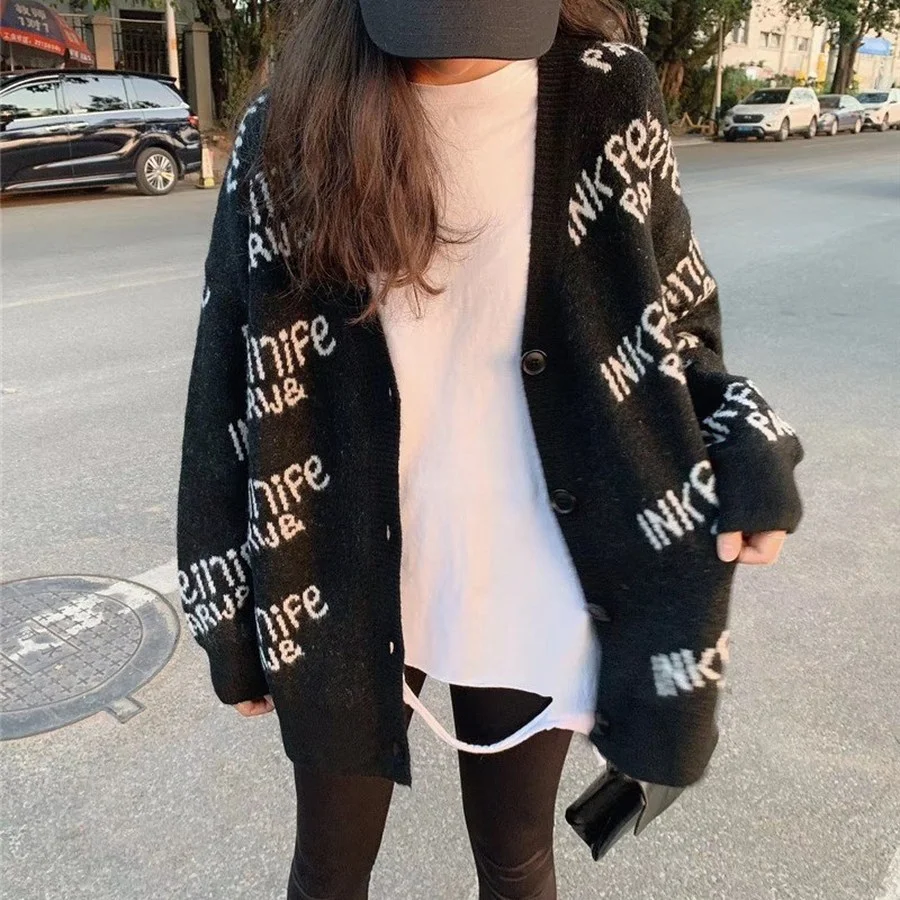 

BoozRey Fall 2021 Black Cardigan Women Long V-neck New Sweater Coat Ladies Loose Outer Wear Mid-length Fashion Knitted Cardigan