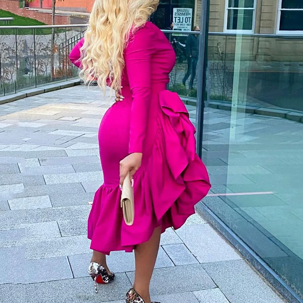 

2021 Fashion Dress Rose Red Ruffle Tunic High Waist Spring Long Sleeve Chic Office Lady Asymmetrical Ruffle Plus Size Midi 2021