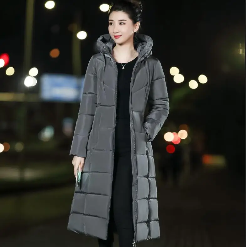 Зимняя женская куртка размера плюс 6XL, женские парки, утепленная верхняя одежда, пальто с капюшоном, длинные женские тонкие базовые Топы с хлопковой подкладкой - Цвет: Серый