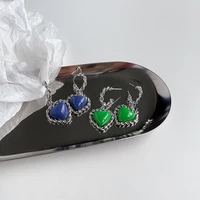 origin summer temperament royal blue green color heart hook earrings twist rope metal love stone drop dangle earrings for women