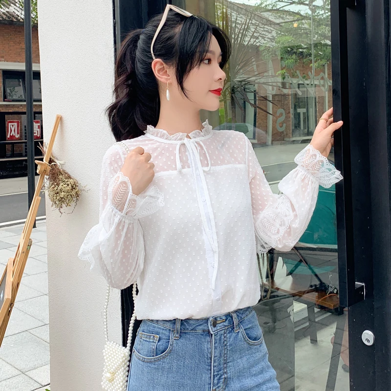 Корейская модная шифоновая женская блузка Осень Кружева с расклешенными