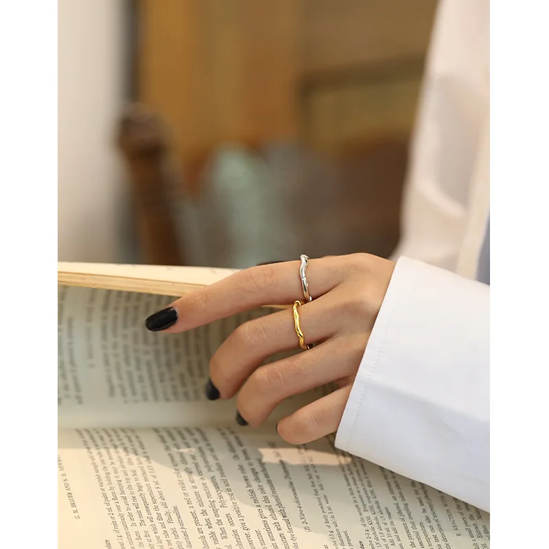 

YPAY Genuine 925 Sterling Silver Rings for Women Korea INS Irregular Concave Convex Surface Wave Finger Ring Jewelry YMR1108