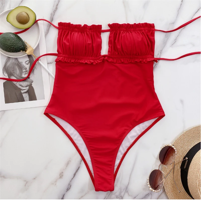 Женский слитный купальник GNIM с открытыми плечами сплошной со складками пляжная