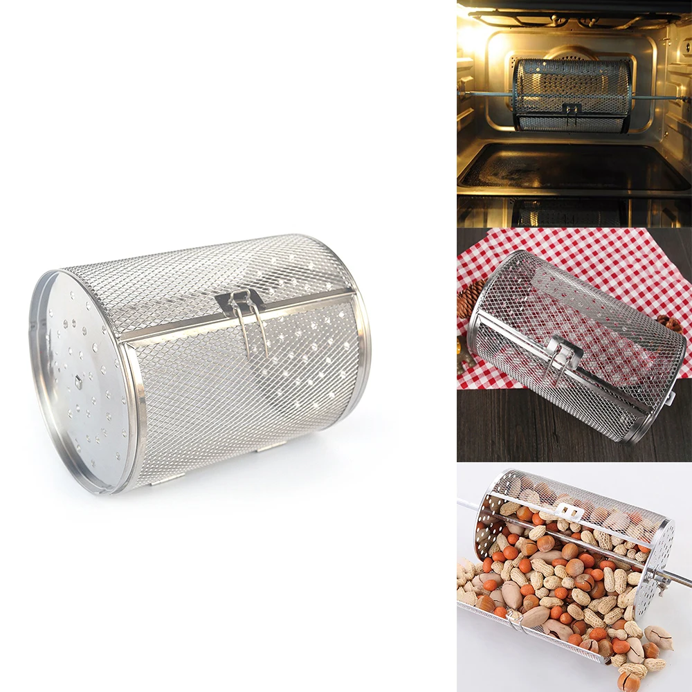 bbq stainless steel rotisserie grill roaster drum oven basket bakeware oven roast baking rotary nuts beans peanut basket grill free global shipping