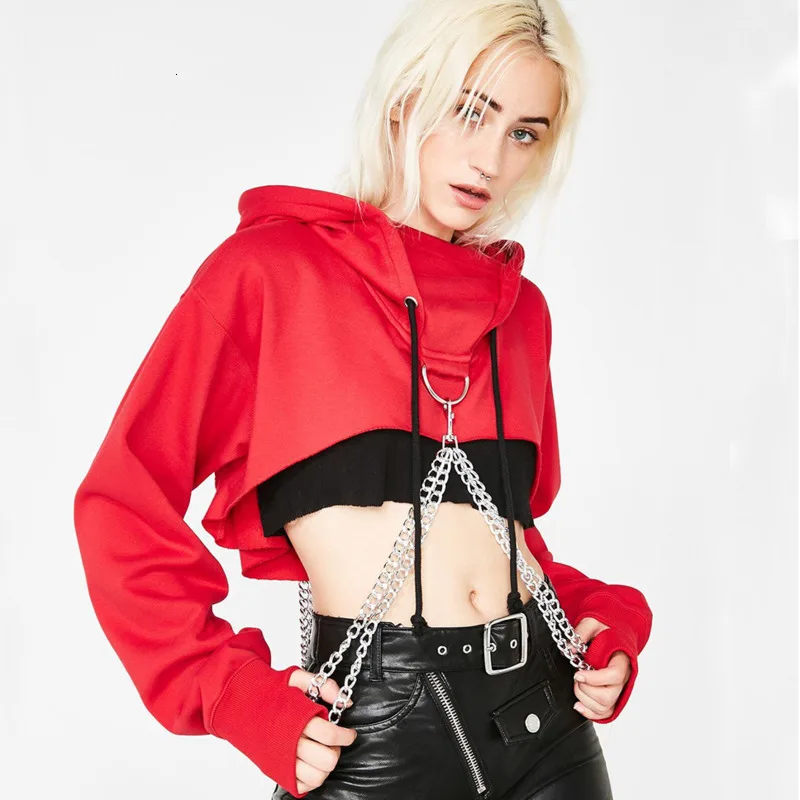 Harajuku/одежда с длинными рукавами, с капюшоном, в стиле «пэчворк» цепочкой пикантные кроп-топы осень-зима Новинки для женщин модная обувь для ночного клуба DJ Свитшот толстовки