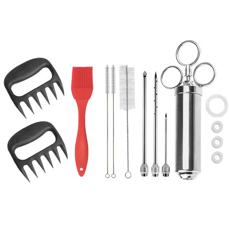 3needle3brush2fork Гриль 2-унций маринада приправа инжектор индейки мяса инжекторы нержавеющая сталь приготовления шприц инъекции с 2-5 иглы - Цвет: 3needle3brush2fork