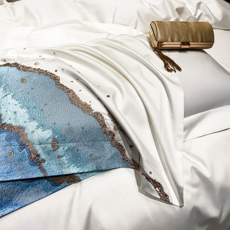 melhor Design Marinho Bordado Capa De Edredão Luxo 1000tc Algodão Egípcio 4/6 Pçs Macio Conjunto Cama Folha Fronha Cinza Creme Branco