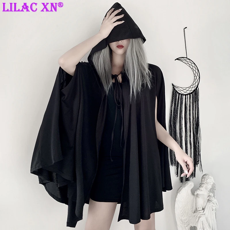 

Gothic Black Hooded Strap Capes Y2K Harajuku Ponchos Witch Cloak Holloween Cosplay Women Outwear Goth Vintage Grunge Streetwear
