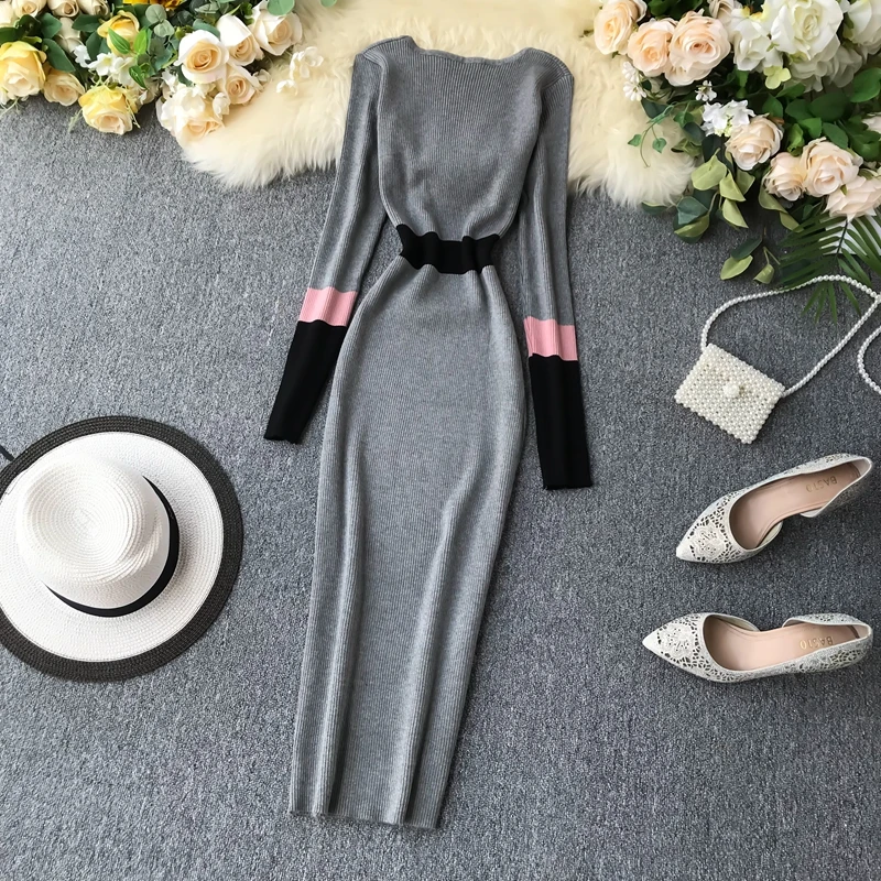 ALPHALMODA осеннее Новое винтажное вязаное платье женское цветное Элегантное зимнее платье с длинными рукавами вязаное платье-футляр