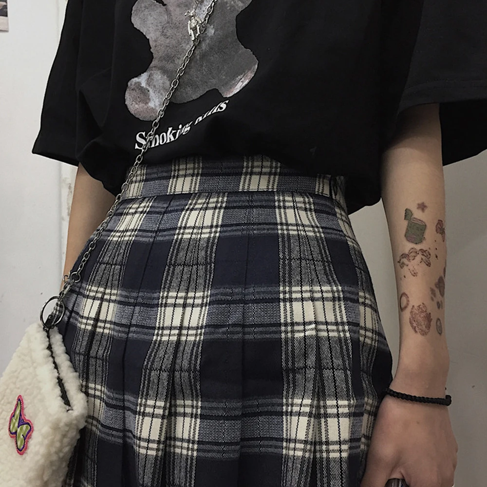 

Dark Icon Grey Plaid Pleated Mini Skirt Preppy Style Girl Skirts Students Skirt