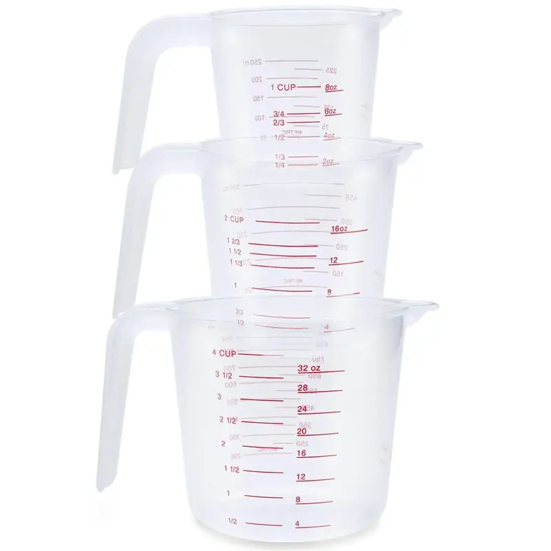 

3 шт пластиковый измерительный кувшин набор большой 4 чашки, 2 чашки и 1 емкость чашки BPA бесплатные измерительные мензурки с угловой рукояткой Essential Kitche