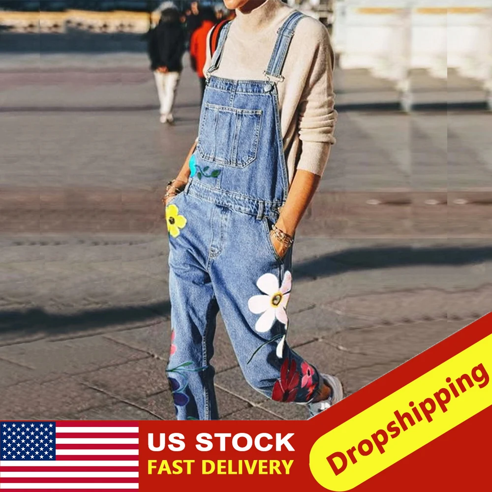 Женский джинсовый комбинезон без рукавов Цветочные штаны длинные брюки потертые