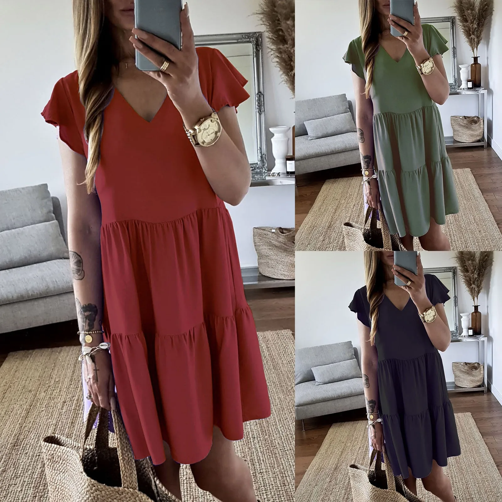 

Women's Casual Comfortable High Waist Round Neck Solid Color Short Sleeve Dress Loose Ladies Dresses Vestido