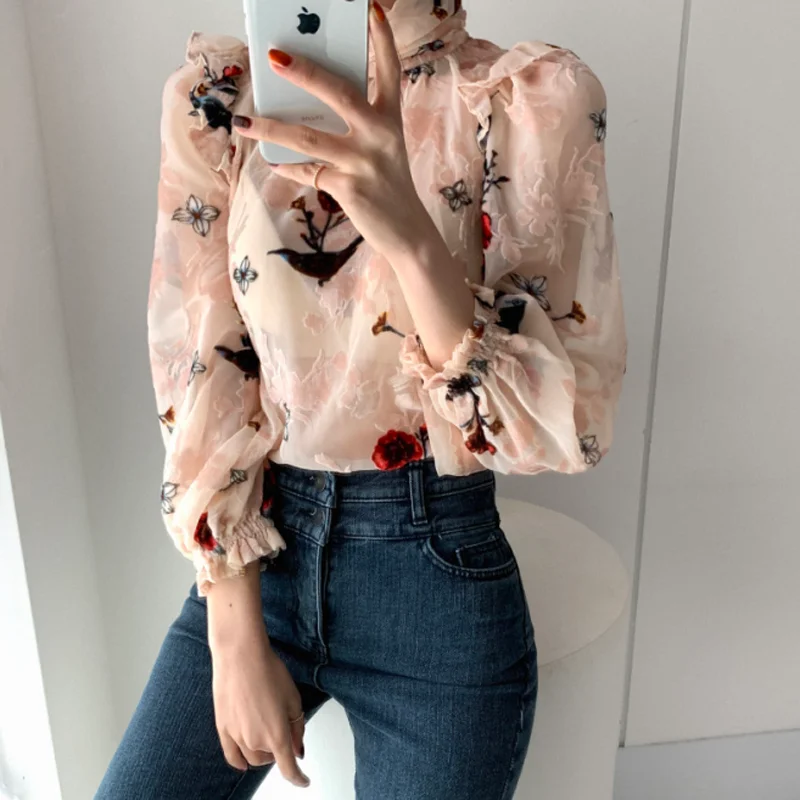JMPRS роскошный цветок из флока женская блузка сексуальные полупрозрачные со