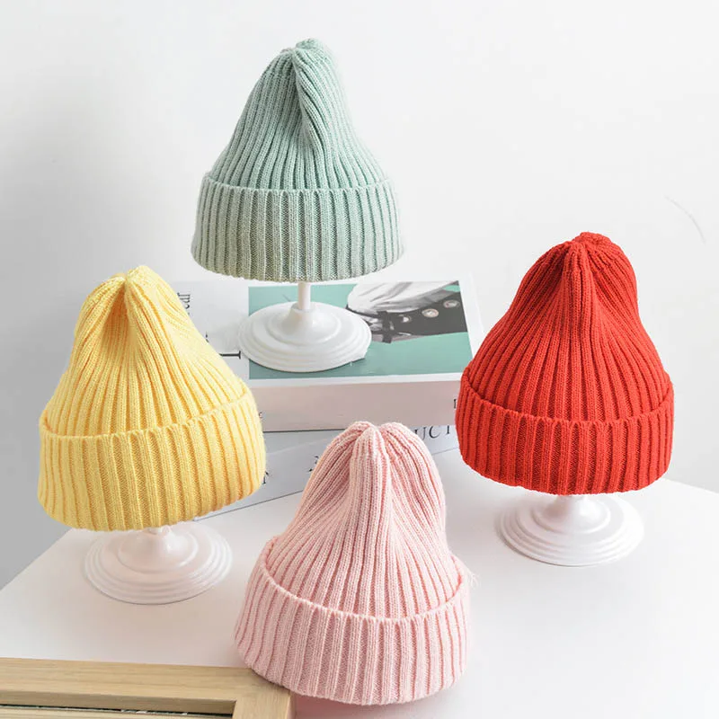 

6 Months To 4 Years Baby Kids Winter Warm Ribbed Knitted Beanie Hat 2020 The New Sweet Solid Candy Color Toddlers Windproof Cap