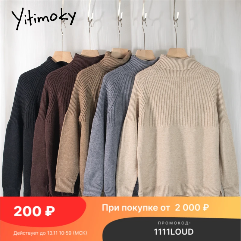 

Женский шерстяной свитер Yitimoky, осенне-зимний вязаный пуловер в полоску с высоким воротником, в стиле Харадзюку, серого цвета, 2021