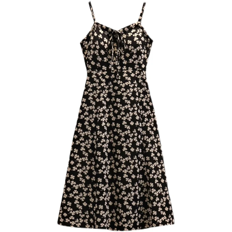 

2021 New Summer Dress For Women V-Neck Sleeveless Lace Up Spaghetti Strap Floral Print Split Party Beach Midi Dresses Vestidos