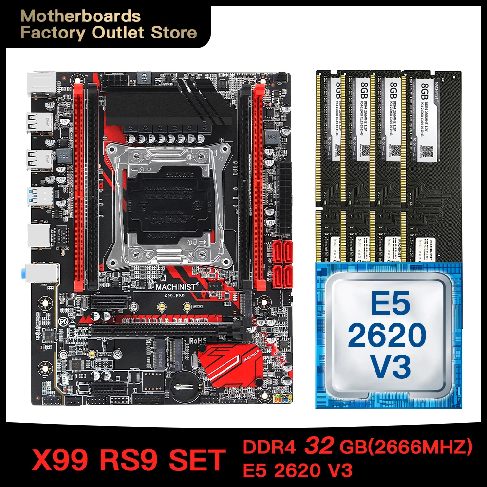 Verkauf X99 Motherboard LGA 2011-3 Set Kit Mit Intel Xeon E5 2620 V3 Prozessor DDR4 32GB(4*8GB) 2666mhz RAM Speicher M-ATX X99-RS9