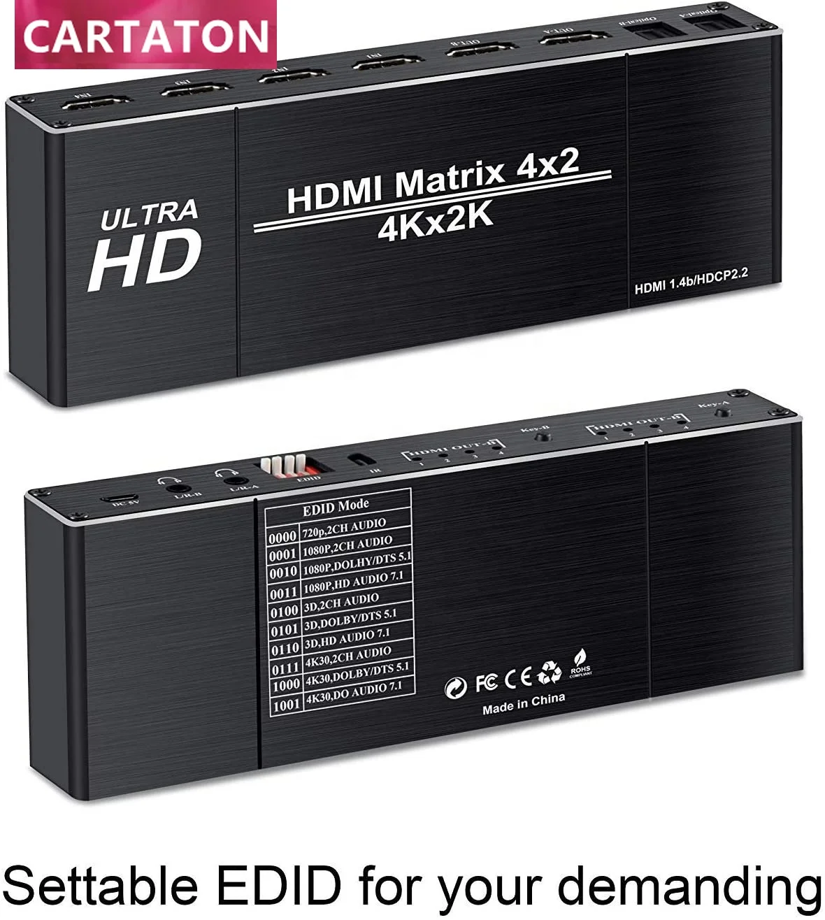 4K 4x2 HDMI Matrix Switch 4 in 2 Out Matrix HDMI Video Switcher Splitter with Optical L/R Audio Extractor EDID IR Remote