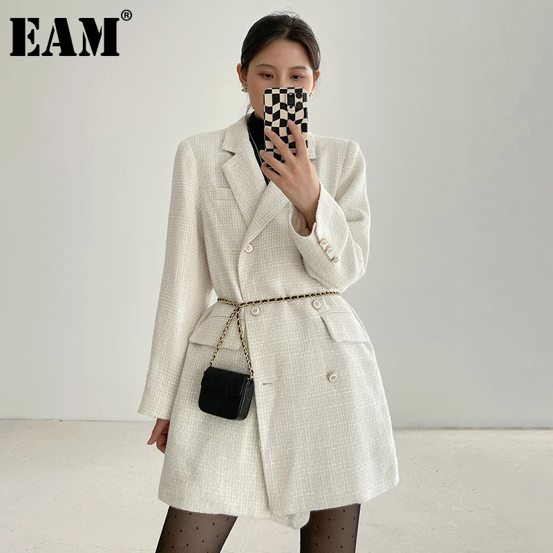 

[EAM] Women Double Breasted Long Beige Blazer New Lapel Long Sleeve Loose Fit Jacket Fashion Tide Spring Autumn 2021 1DE3385