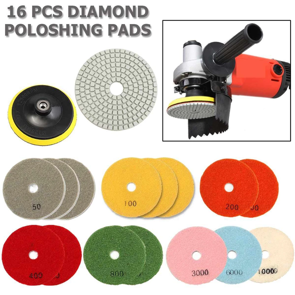 

16pcs Diamond Polishing Pads Set 4 Inch 100mm Wet/Dry Grinding Discs Kit For Granite Stone Concrete Marble Polishing Use