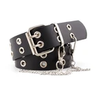 Women Leather Chain Belts Pin Buckle Double Row Hole Eyelet Waistband Chain Decorative Belts Holloe Out Punk Cool Black Belts