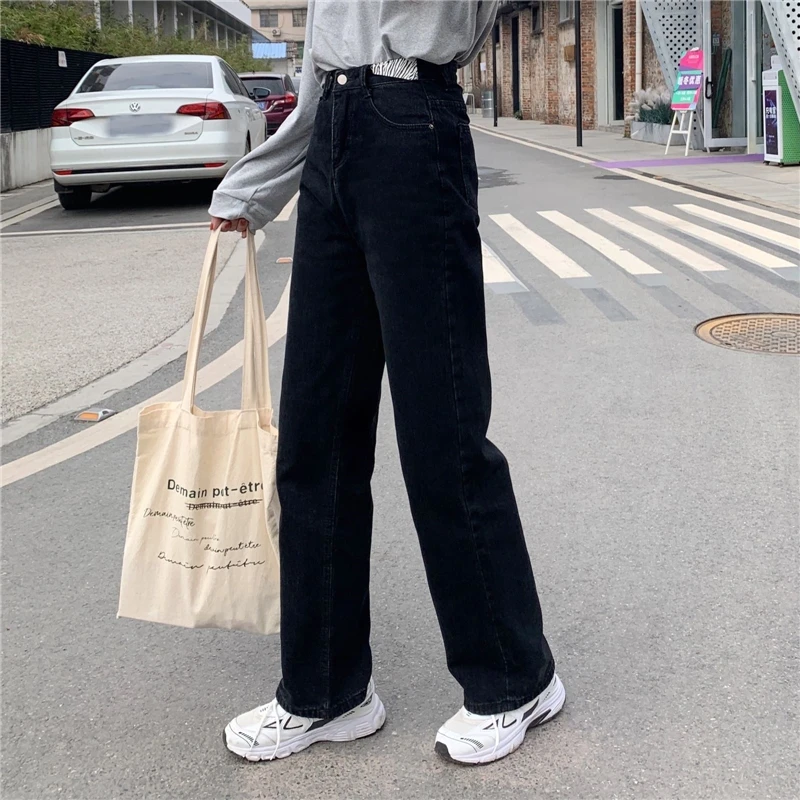 

Spring Autumn Women's Fashion Jeans Casual Pants Female Streetwear Denim Trousers Black High Waist Loose Student Jeans Girls