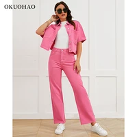 womens suit denim trouser set two pieces baggy mom jeans high waist fashion y2k pink tops women 2021