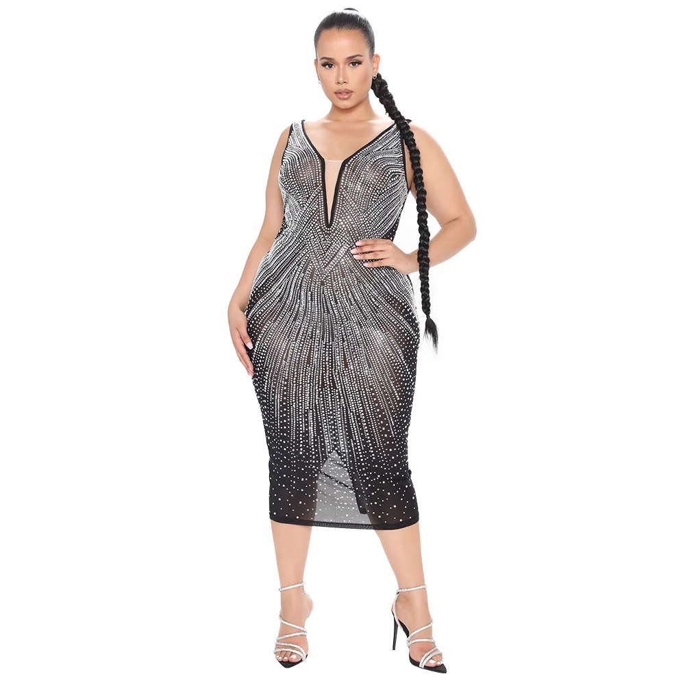 

Cutubly Sexy Party Dresses Elegant Slit Diamonds Dress For Women Slim Fit V Neck Straps Vestidos Clothing Stylish Chic Wear Y2k