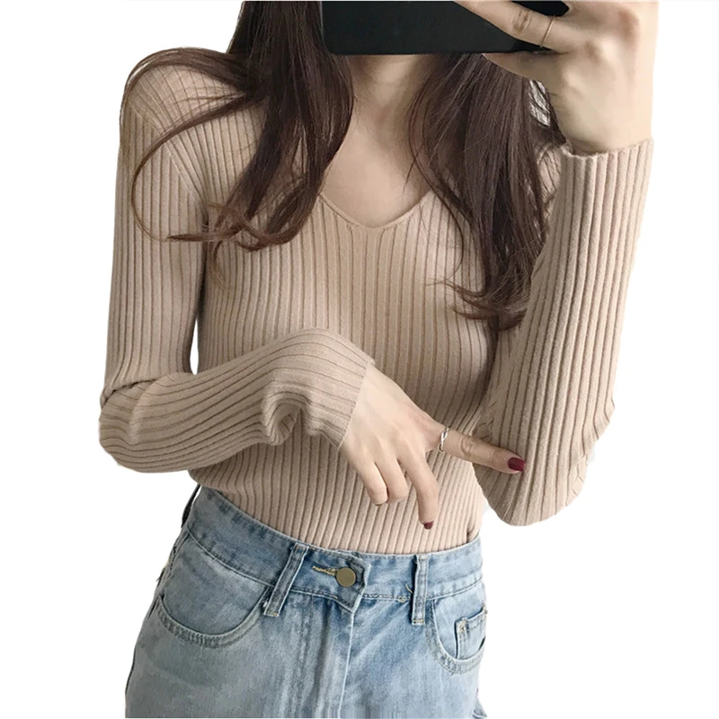 

CN 2021 New Autumn Winter Sweater Women Sexy V Neck Elegant Slim Fit Knitted Casual Long Sleeve Basic Women Sweater