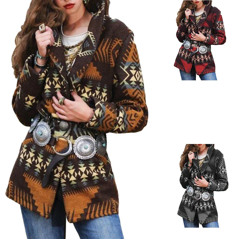 

2021 Women's Autumn and Winter Clothing Coat Popular Woolen Coat Women's Mid-Length Printed Long Sleeve Lapel Slim-Fit