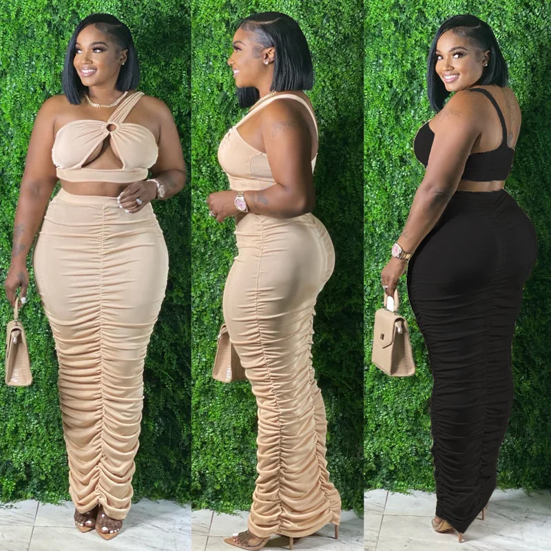 

African Pleated Dress Two Piece Skirt Set Women Off Shoulder Top Long Skirts New African Clothes Sexy Boubou Party Robe Femme