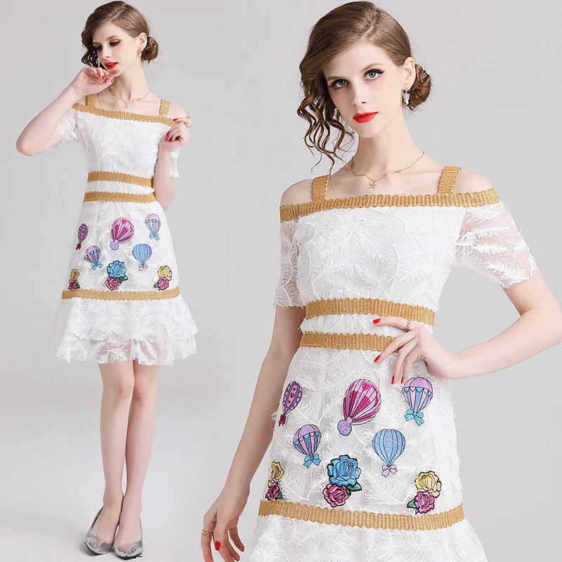 

Летнее женское новое платье с объемным пером и вышивкой, с коротким рукавом, с открытыми плечами, с открытой спиной, Пляжное белое кружевное ...