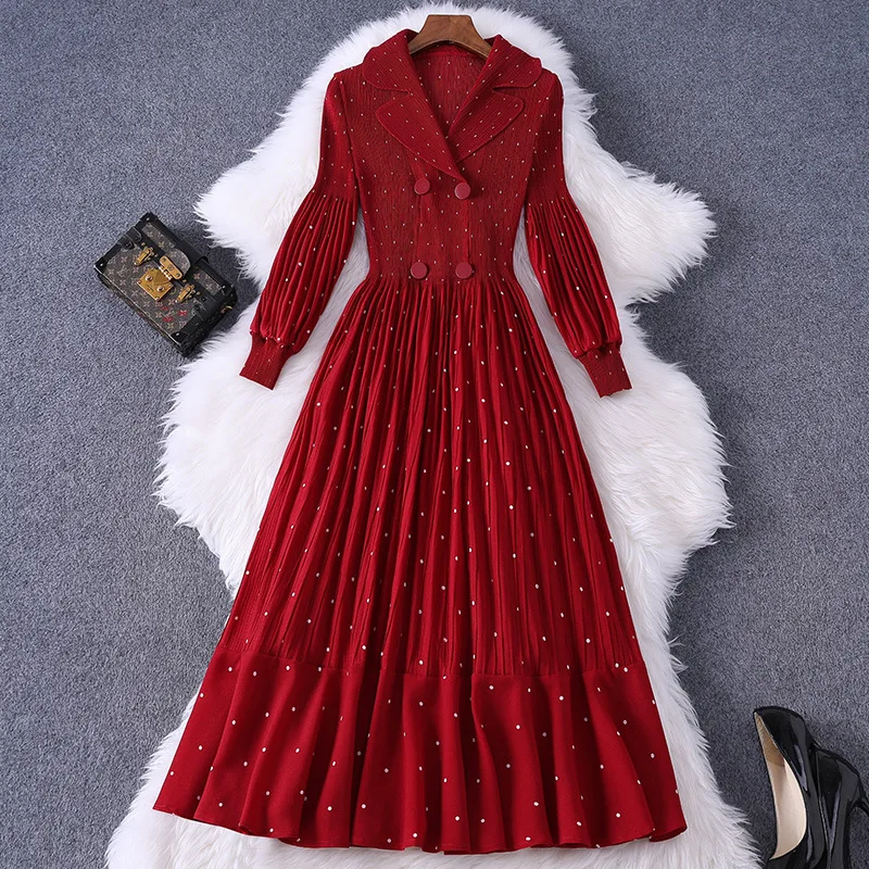 

Женское эластичное платье, элегантное приталенное винно-красное плиссированное платье миди в горошек, с английским воротником и рукавами-ф...