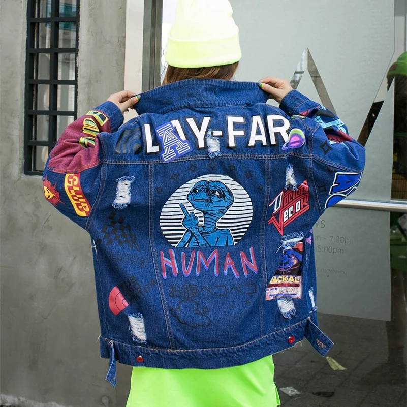 

2021 Fashion The New Loose Graffiti Printing Hole Wild Denim Jacket Free Shipping