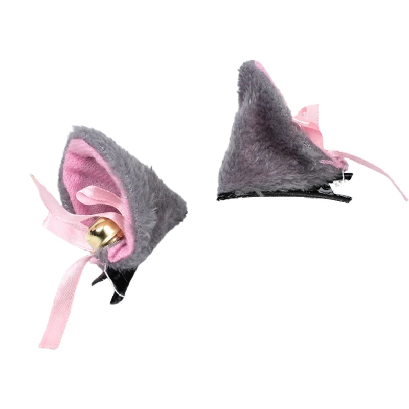 Cat Ears Cosplay Hair Clips with Bell Bowknot Anime Lolita Fluffy Plush Hairpins F3MD