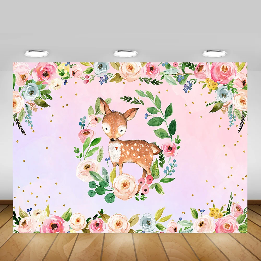Цветочный олень День Рождения фотография фон для фотосессии розовый зеленый