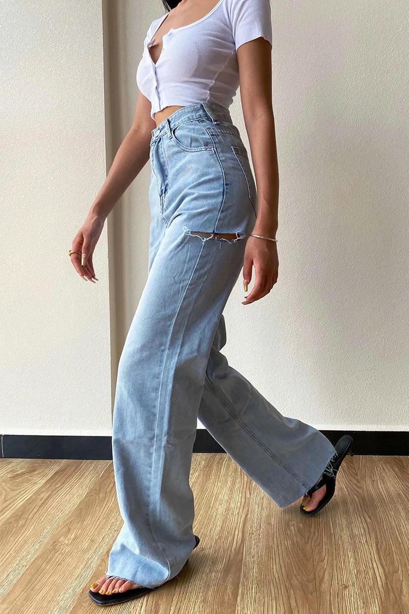 Джинсы женские рваные с завышенной талией JHKC|Прямые джинсы| |