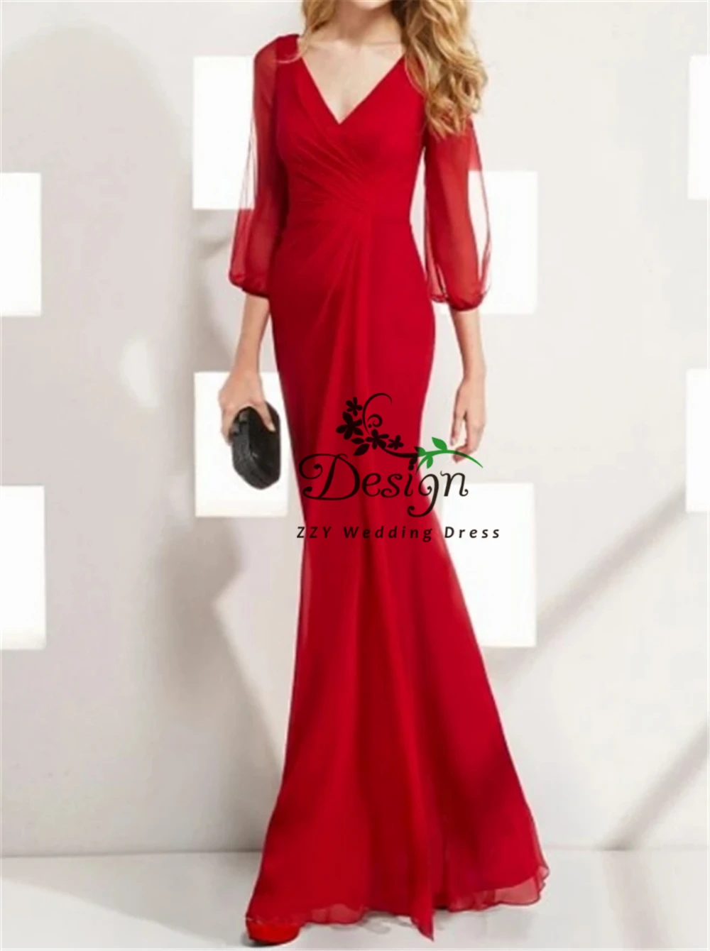 

Асимметричное шифоновое платье-футляр с рукавами 3/4 и глубоким V-образным вырезом, индивидуальное платье для матери невесты, платье для невесты, 2020