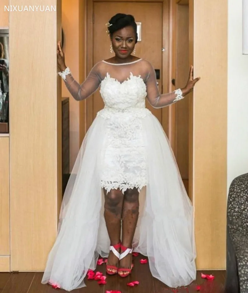 South African Sheath High Low Wedding Dresses Long Sleeve with Detachable Lace Tulle Skirt Bridal Gowns Plus Size | Свадьбы и
