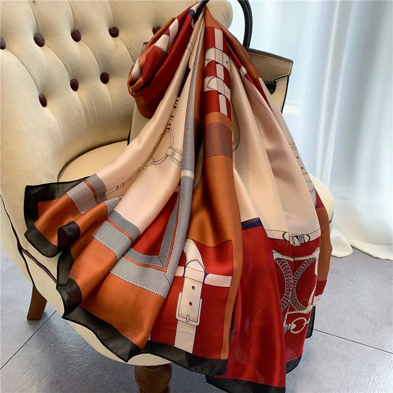 

2021 New Silk Scarf for Women Fashion Design Chain Shawls and Wrap Spring Summer Beach Hijabs Pashmina Female Headband Foulard