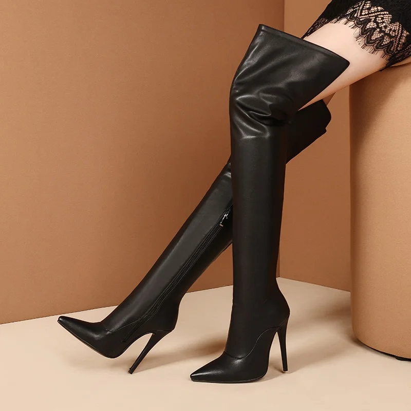 

Топ качество осень-зима женские ботфорты выше колена женские зимние сапоги-снегоступы до шпильки Женские ботинки с острым носком, сапоги дл...