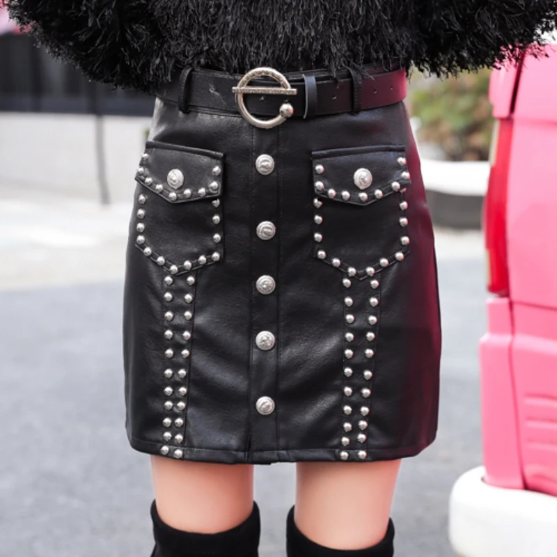 Black with belt Новинка, Корейская популярная мини-юбка с ремнем, заклепками и карманами, Женская осенне-зимняя модная сексуальная кожаная юбка из искусственной кожи, Jupe Femme B9N328 - Цвет: Black with belt