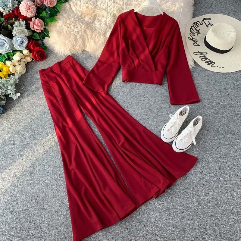 

2019 spring autumn Fashion Elegant Two Piece Set Women Casual Style Flare Sleeve Shirt High Waist Big bell bottom pants Set