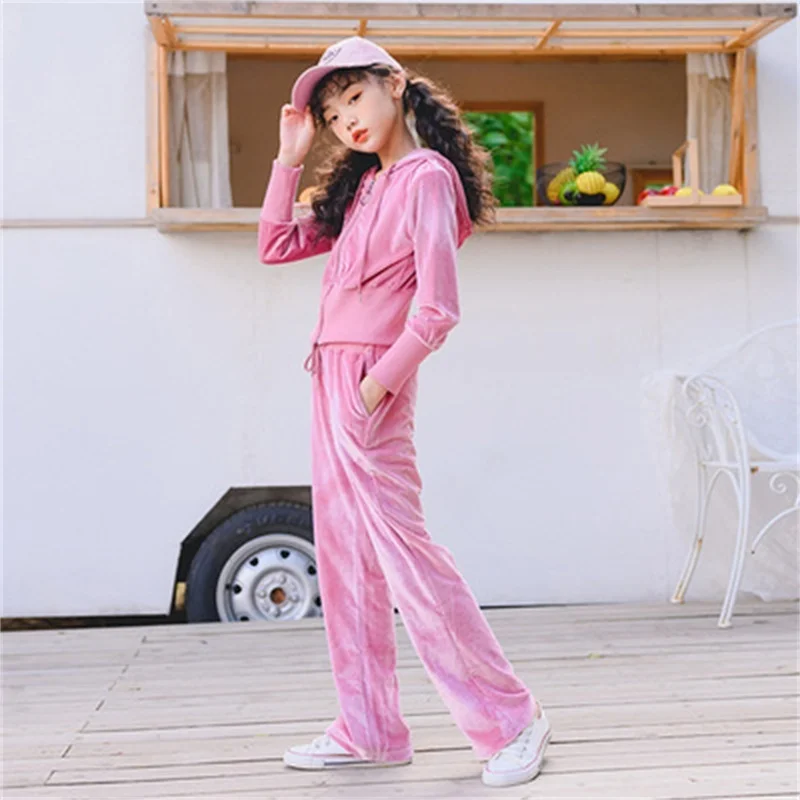 

Kids clothes girl suit autumn clothes 2021 big kids youth gold velvet hooded wide-leg pants casual fashion suit