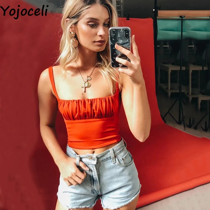 Женский плиссированный топ Yojoceli короткий на бретельках летний базовый пляжный